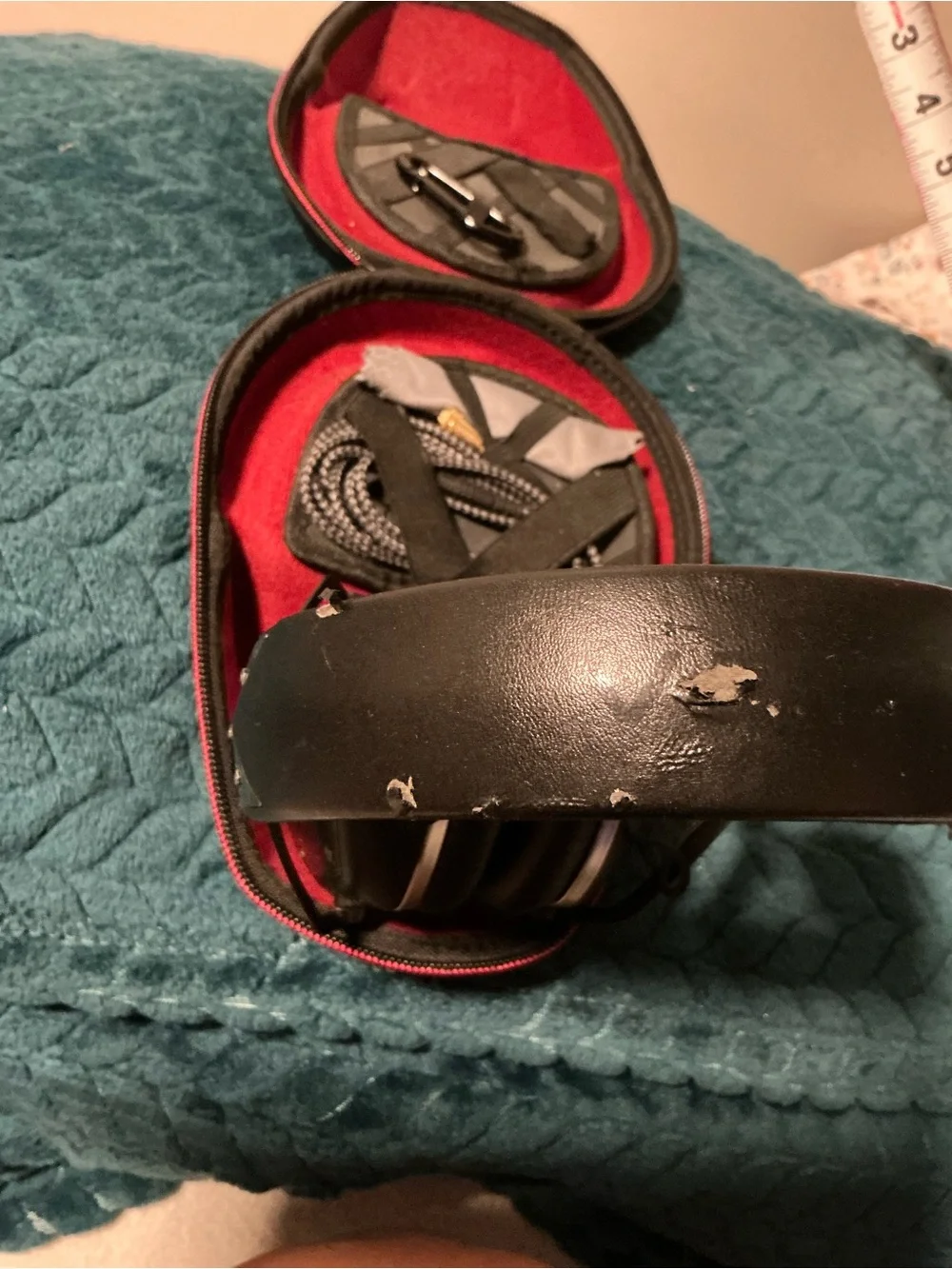Compact Black Headphone Carry Case with Red Interior